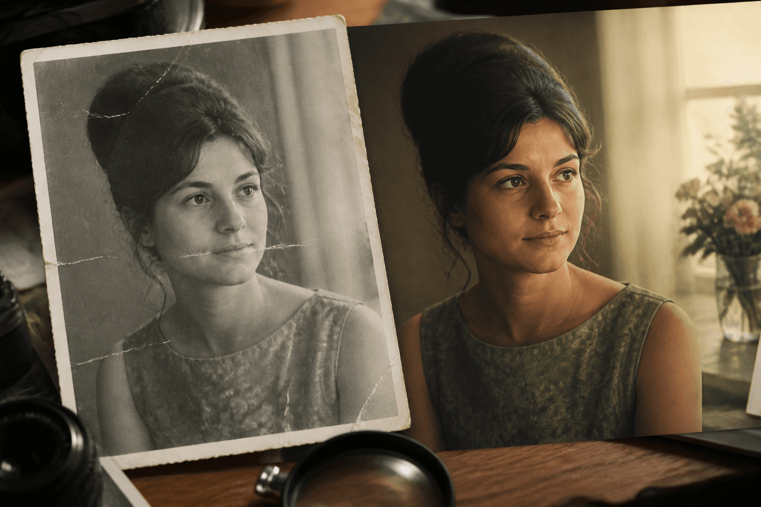 Restored photographic portrait prepared for motion