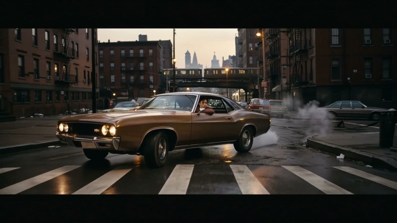 A bronze vintage car sweeps through a rain-lit New York intersection