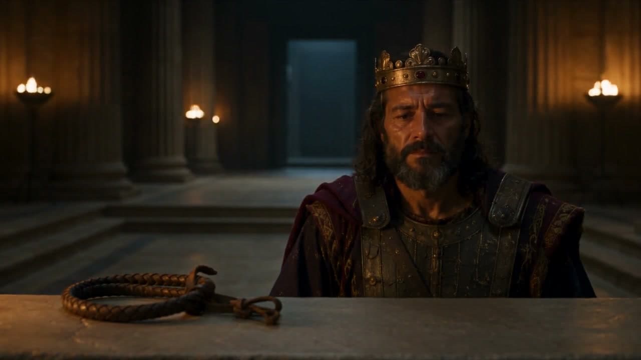 A weary king removes his crown in a candlelit chamber